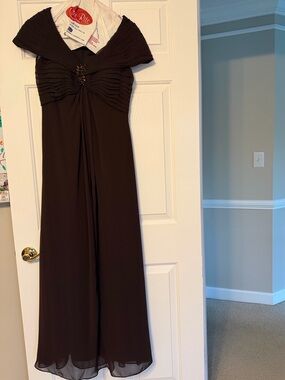Xscape Chocolate Brown Off-the-Shoulder Gown